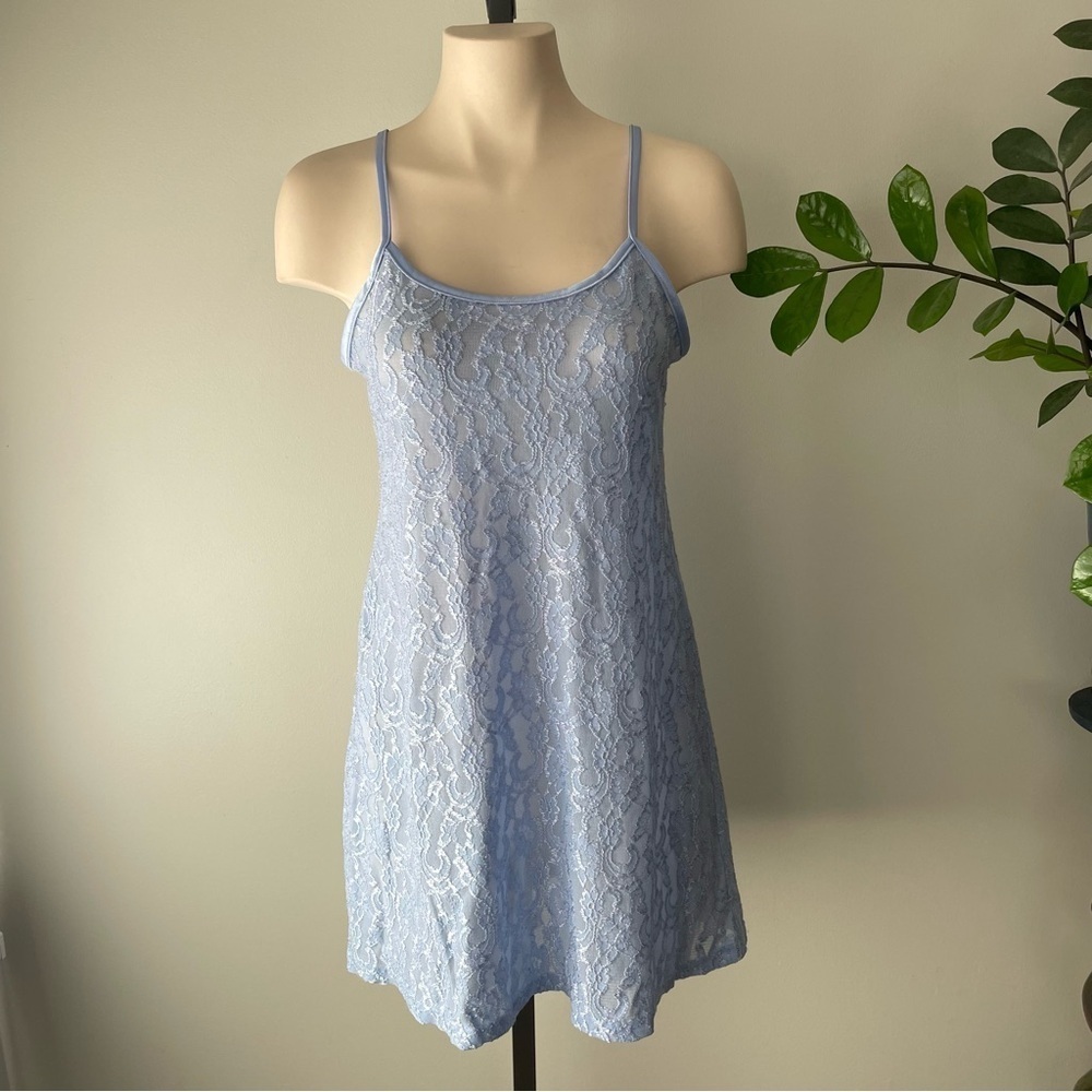 90s Vintage Gloria Vanderbilt Blue Lace Slip Dress Chemise Mini Length Medium